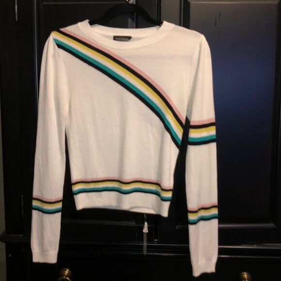 Topshop Women’s Sweater Size 6 White Rainbow Stripe Knit Pullover EUC Preppy - Picture 4 of 9